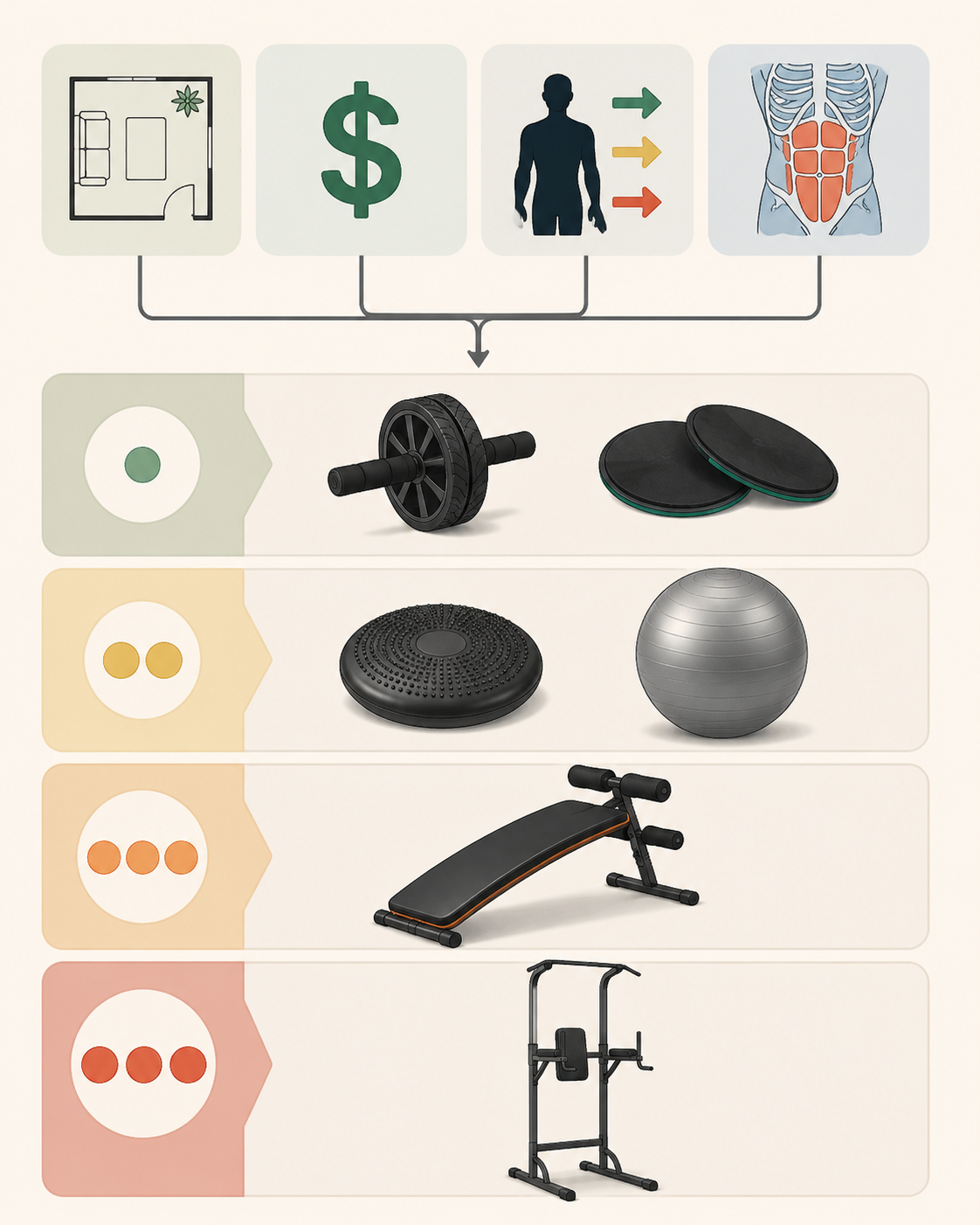 Constraint-based decision framework for home ab equipment by space, budget, experience level, and core goal