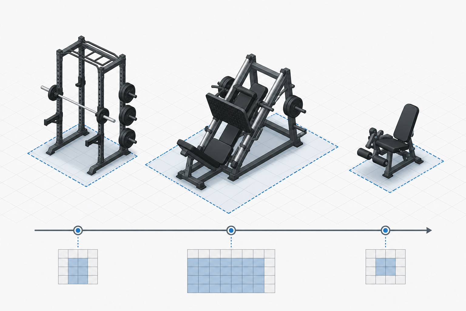 A flat isometric comparison showing three leg equipment silhouettes (compact power cage, larger leg press machine, small extension bench) arranged left to right above a grid floor scale that illustrates their relative floor space footprints