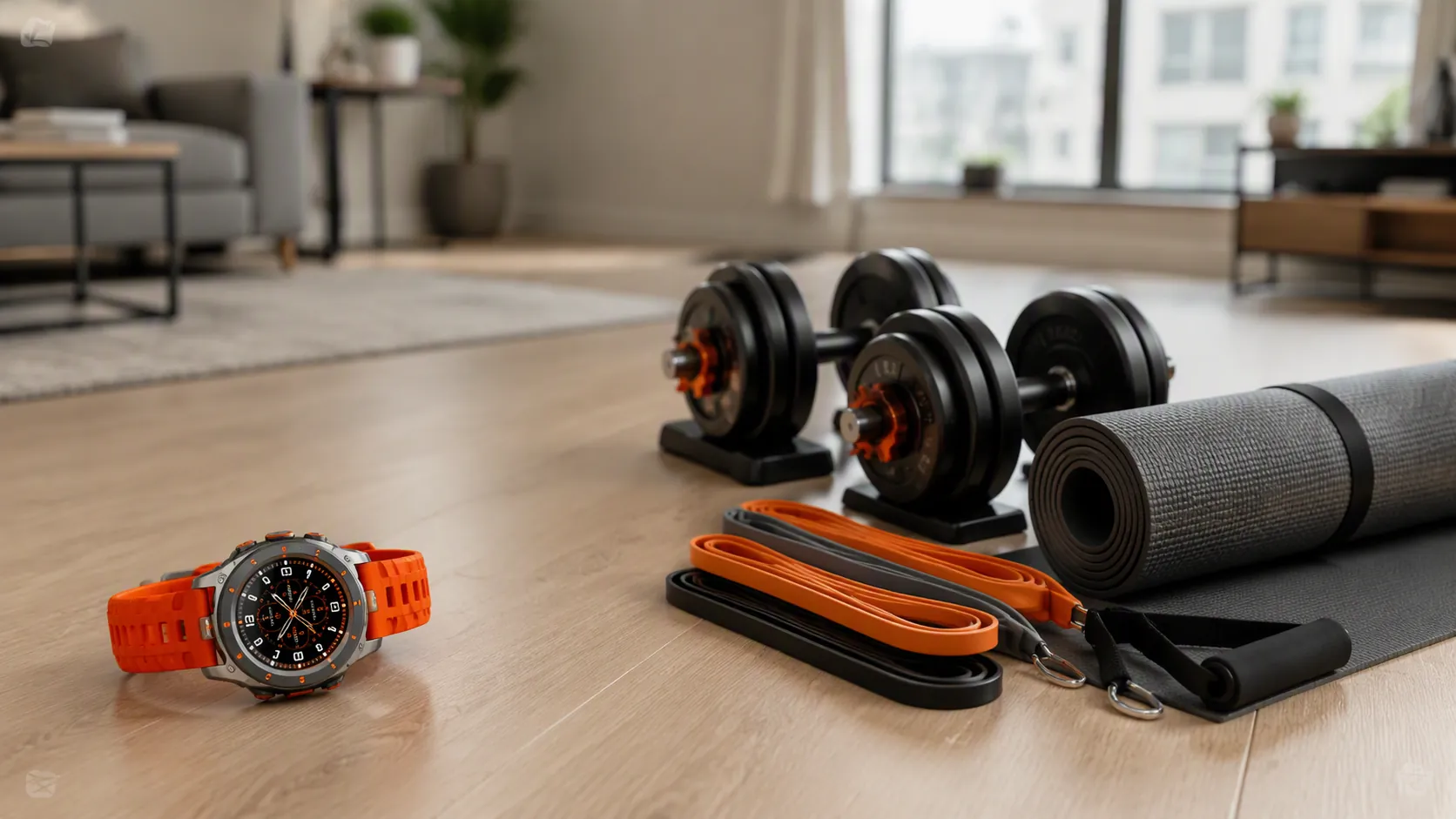 Premium rugged smartwatch beside compact apartment gym equipment on a light wood floor