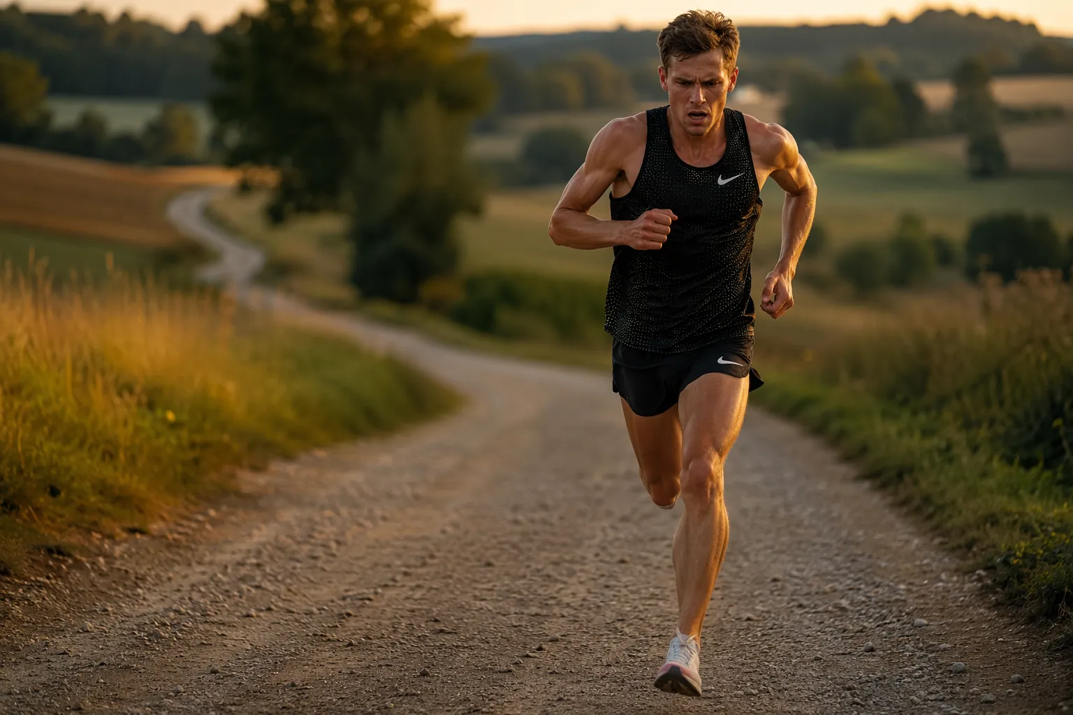 Competitive middle-distance runner training hard on a winding gravel country road with no track markings