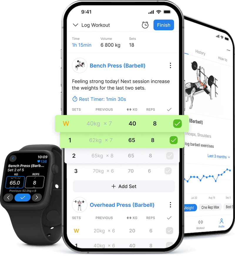Hevy workout logging app showing exercises, sets, reps, weights, and a rest timer