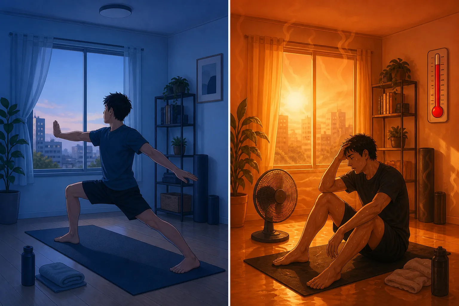Split scene contrasting a cool morning or evening apartment workout with an overheated midday room