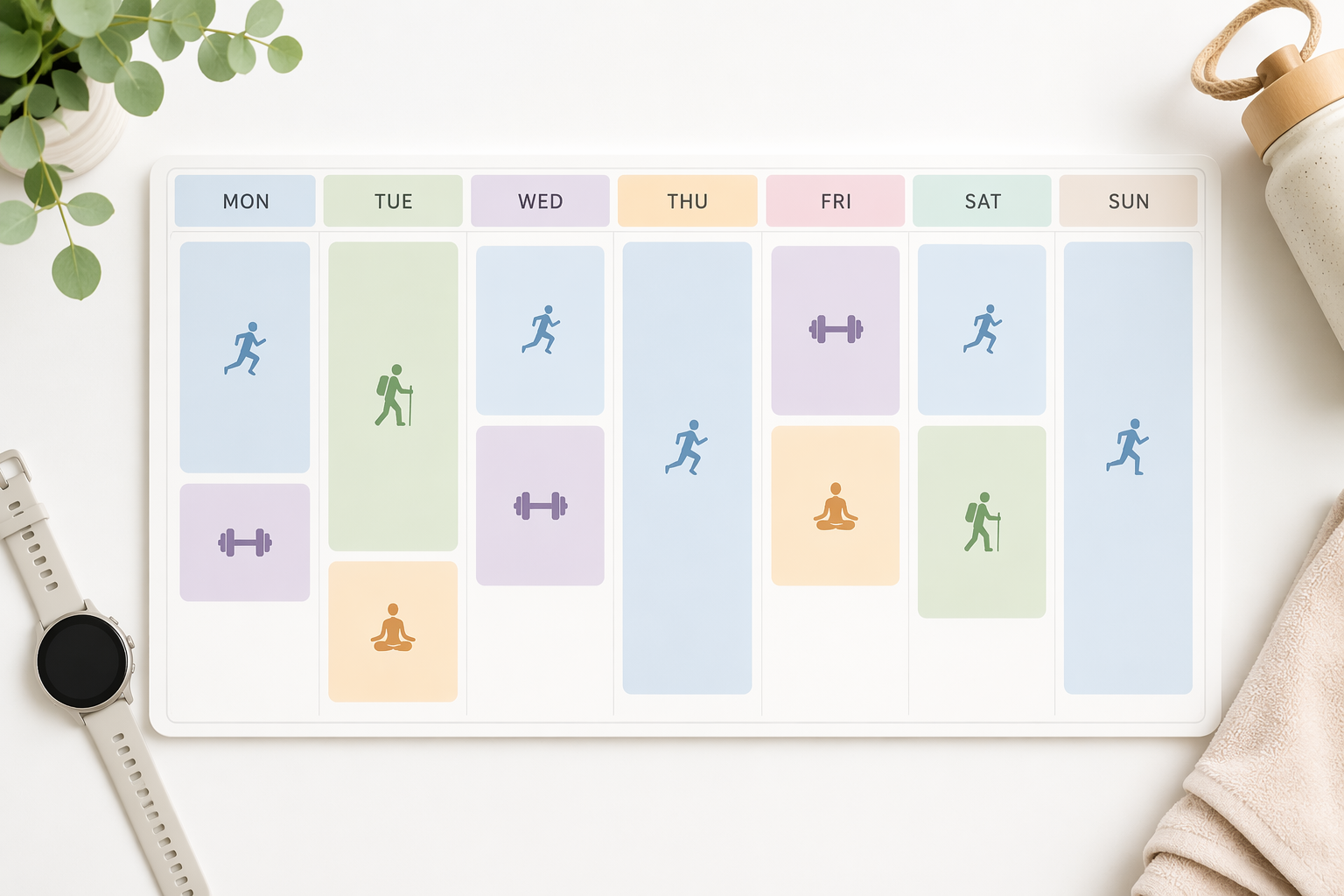 A weekly calendar with running, hiking, strength training, and yoga blocks