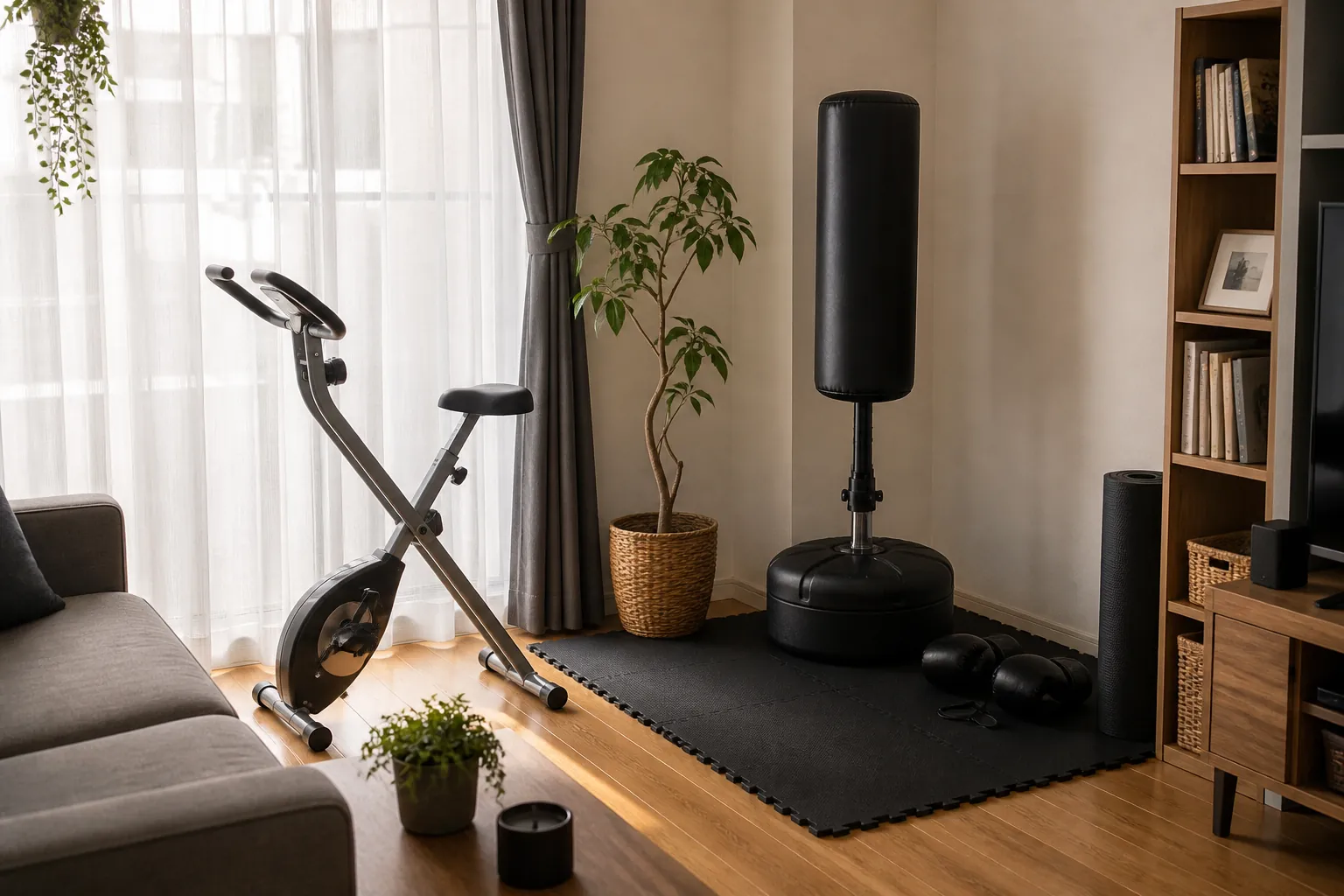 Compact apartment workout corner with a folding exercise bike and freestanding boxing bag on protective flooring