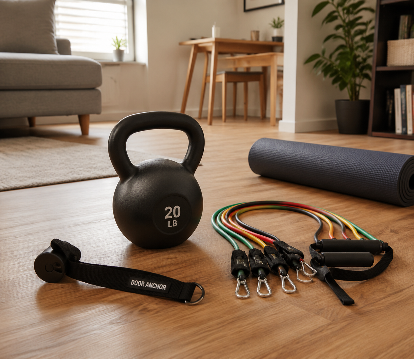 Kettlebell, tube resistance bands with handles, and a door anchor arranged on a small apartment floor