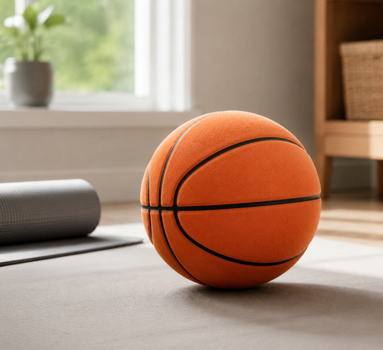 Silent foam basketball resting on a floor mat in a home workout space
