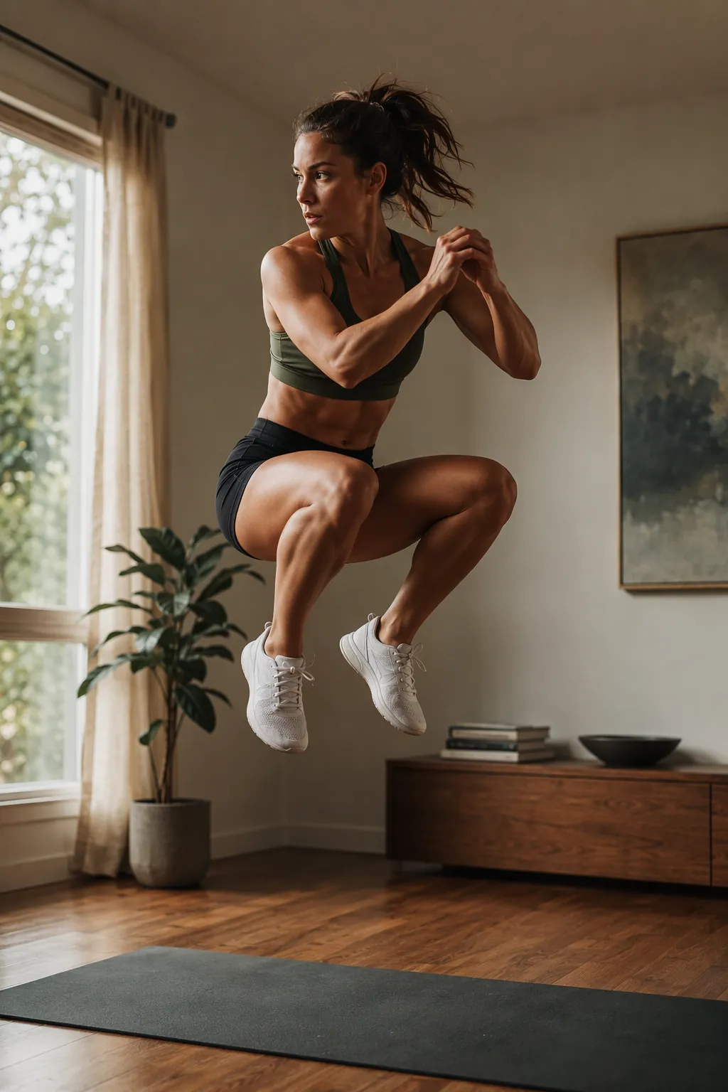 Woman doing a dynamic jump squat with a slight twist on a yoga mat in a bright home living room