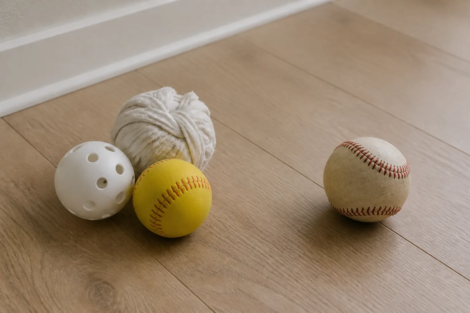 Wiffle ball, foam baseball, and rag ball grouped on an apartment floor with an official hard baseball set apart