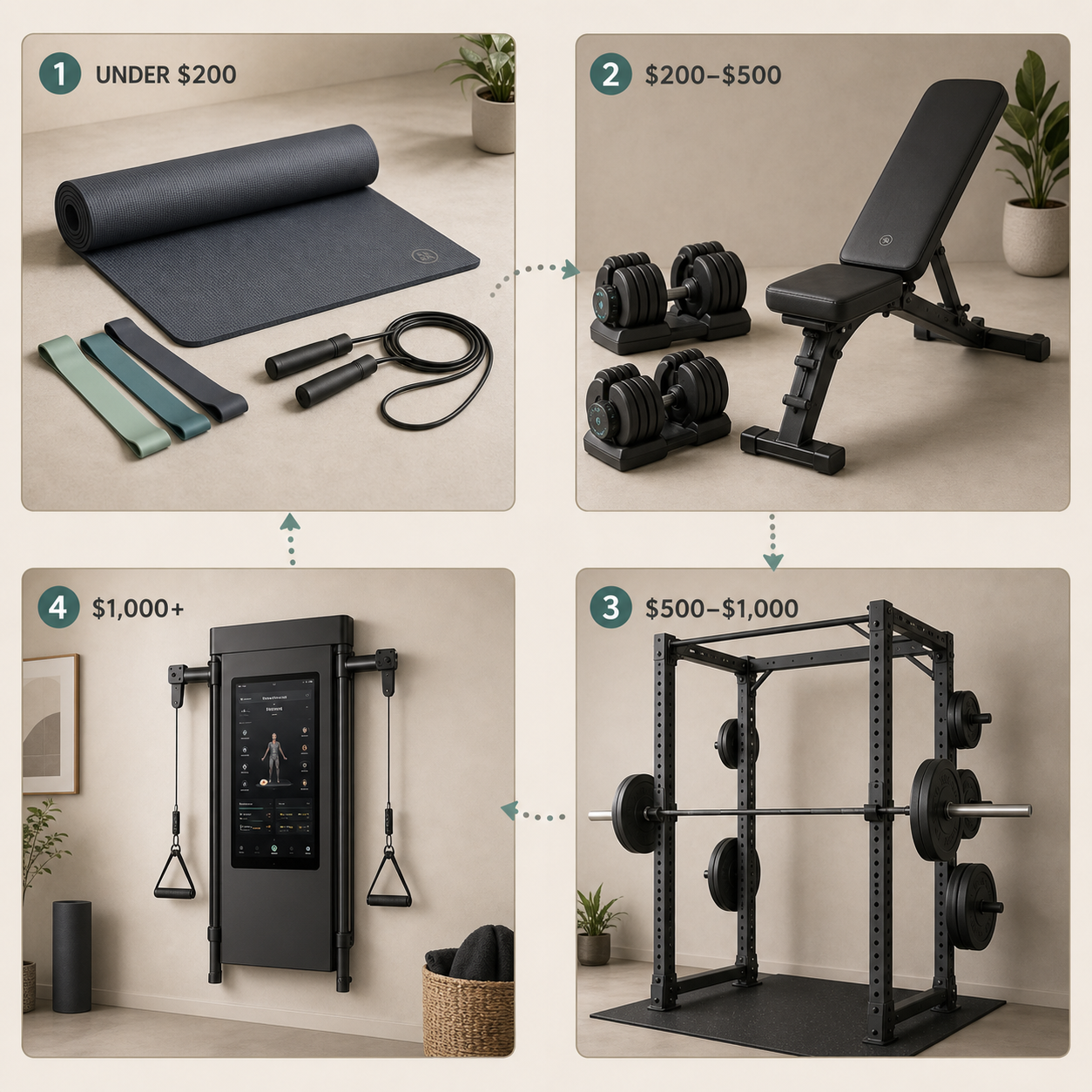 A flat-lay 2x2 grid showing four home gym setups: a yoga mat with resistance bands and jump rope (under $200), adjustable dumbbells and a bench ($200-$500), a power rack with barbell and plates ($500-$1,000), and a wall-mounted smart gym ($1,000+).