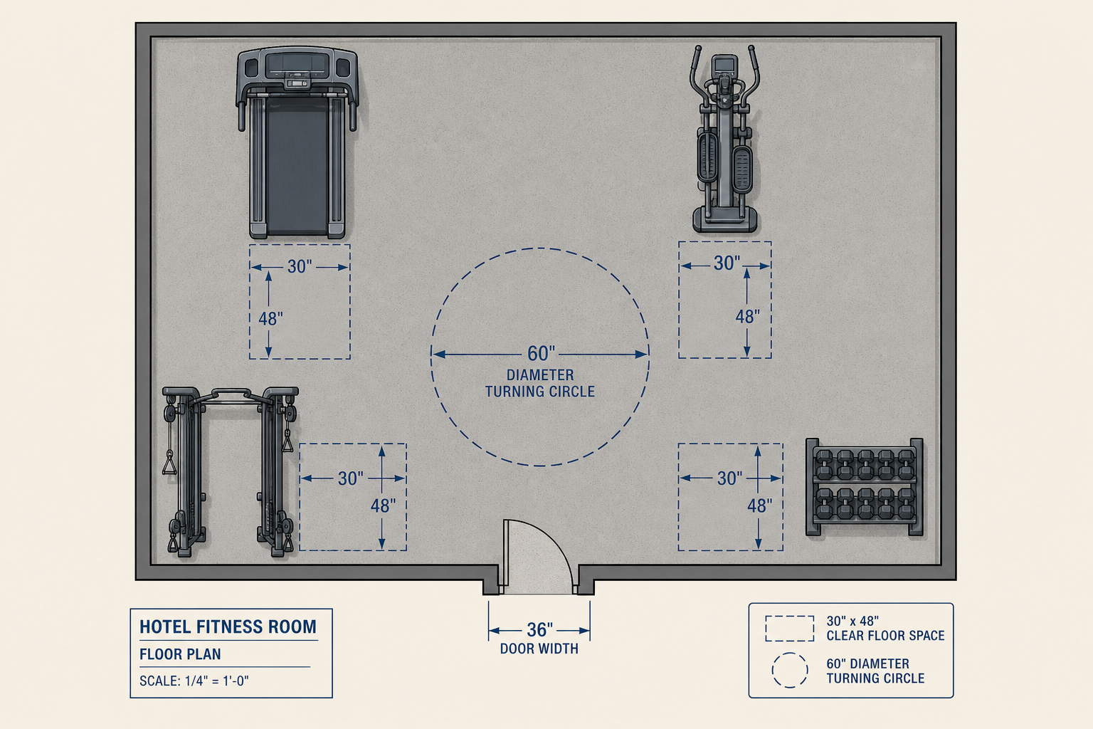 A clean top-down floor plan diagram of a small hotel fitness room showing equipment layout, clear floor space zones, turning diameter, and doorway width.