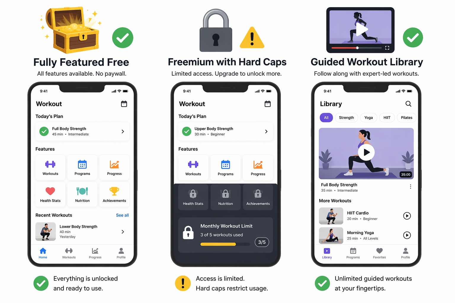 Illustration comparing fully featured free apps, freemium apps with hard caps, and guided workout libraries