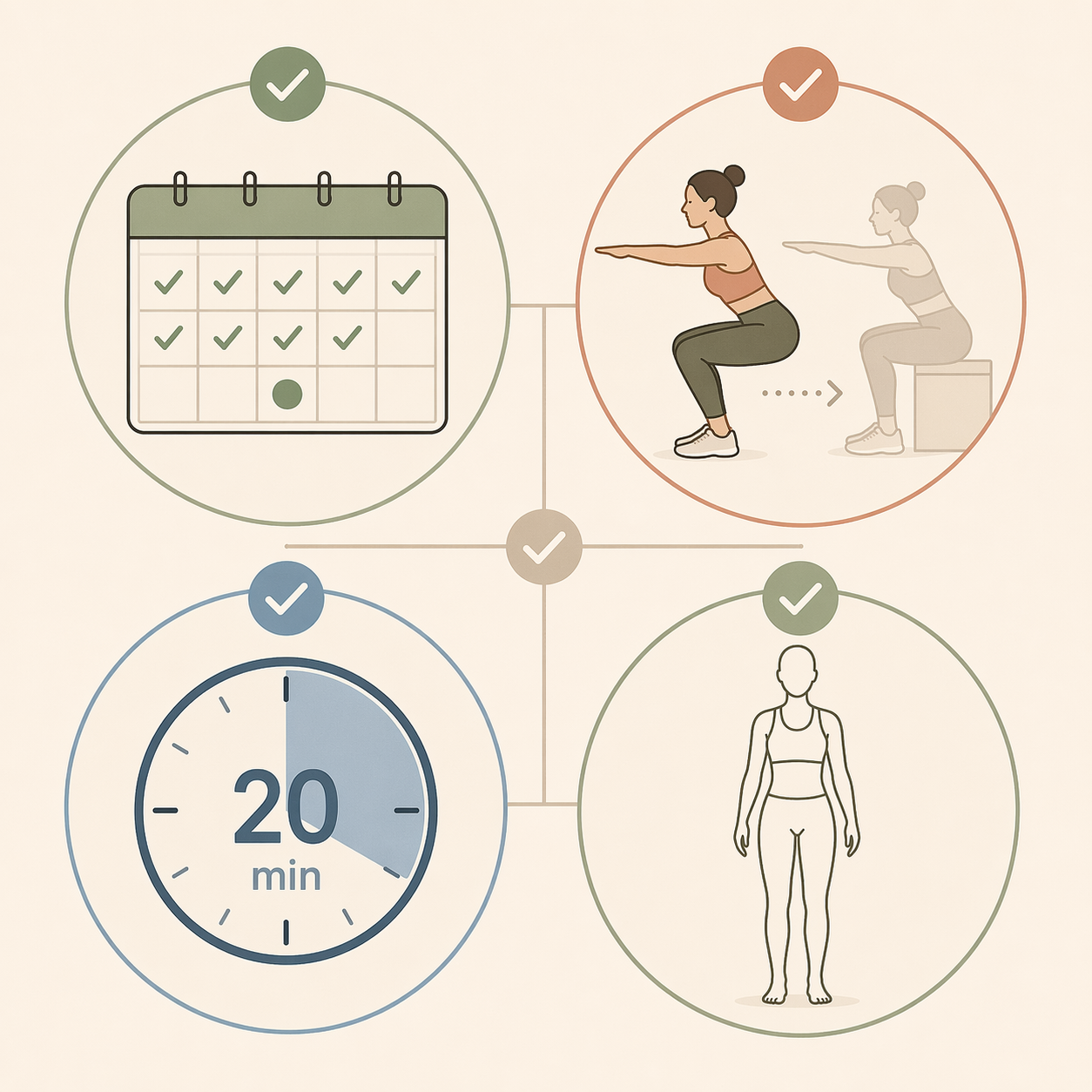 Four icons showing structured progression, form modifications, short sessions, and bodyweight-first workouts
