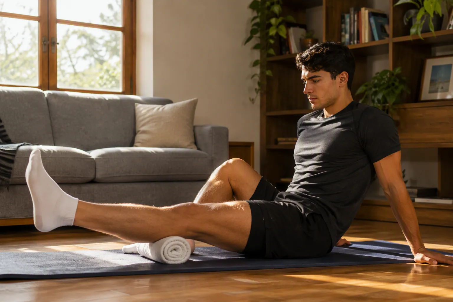 Athlete performing a controlled straight leg raise on a living room mat