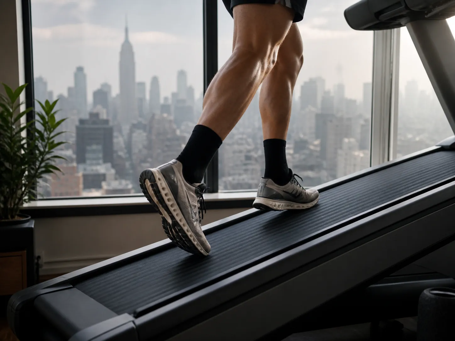 Runner's shoes on an inclined treadmill with a New York City skyline beyond the window