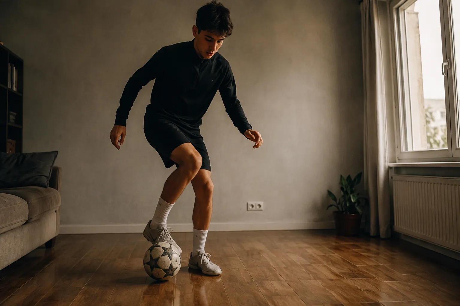 A young soccer player training alone in a modest living room with a ball at their feet