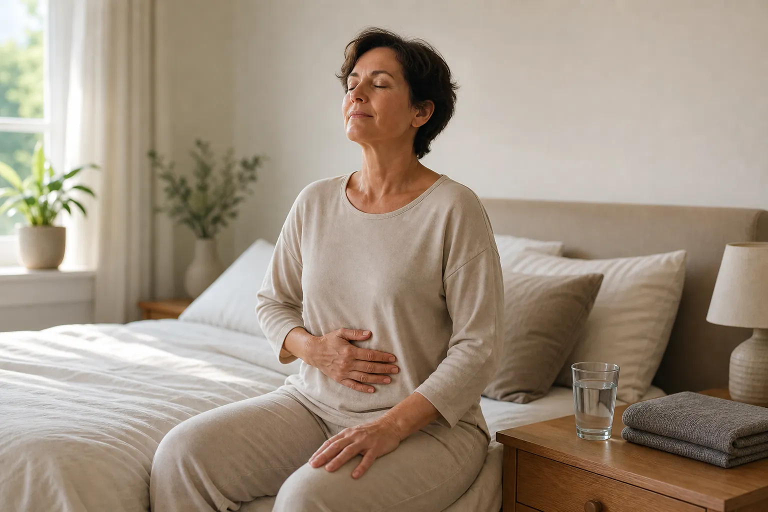 A woman sitting on the edge of her bed with one hand on her lower abdomen taking a slow gentle breath