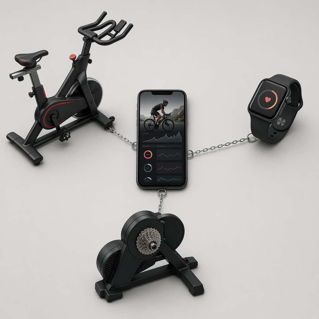 Fitness app connected to an exercise bike, smartwatch, and cycling smart trainer