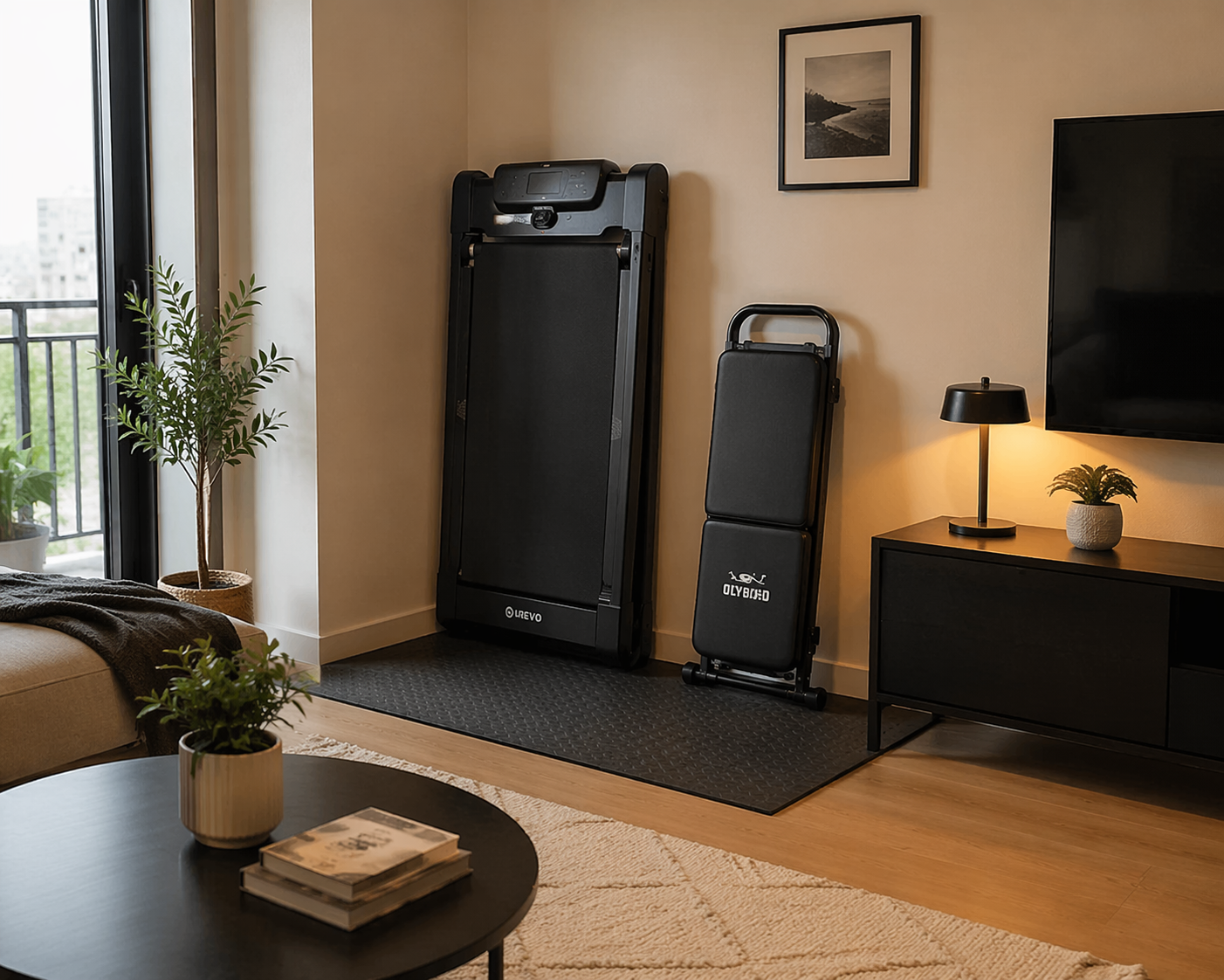 Foldable treadmill and adjustable bench stored neatly in a small apartment living area