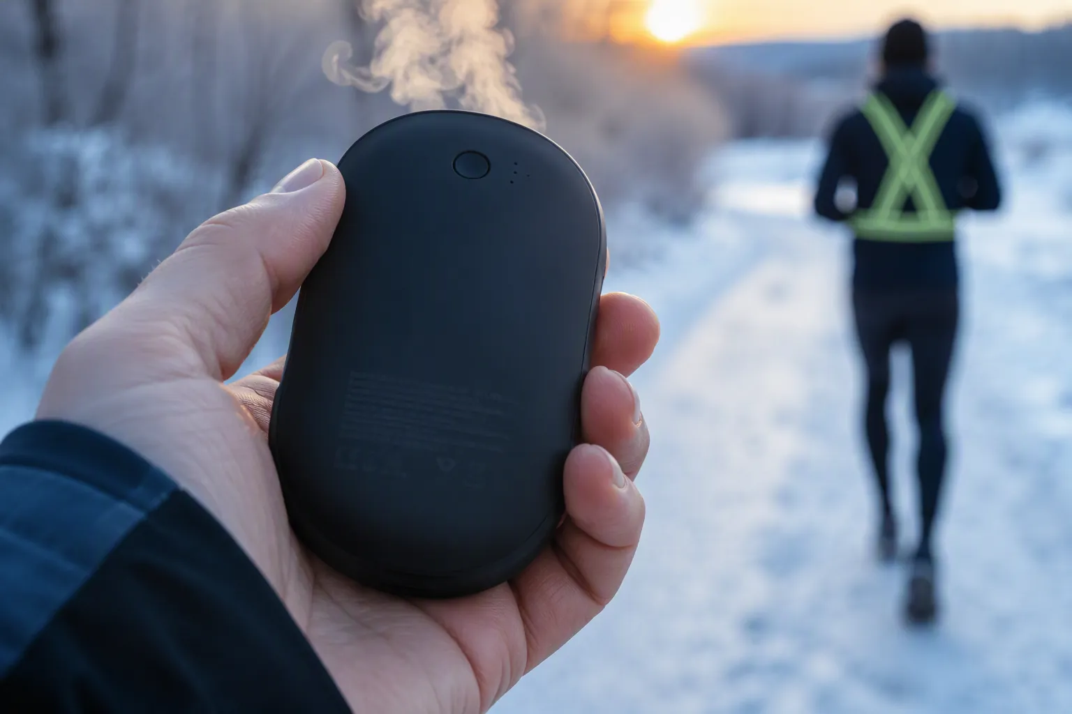 A runner checks the label on the underside of a compact rechargeable hand warmer before a winter run.