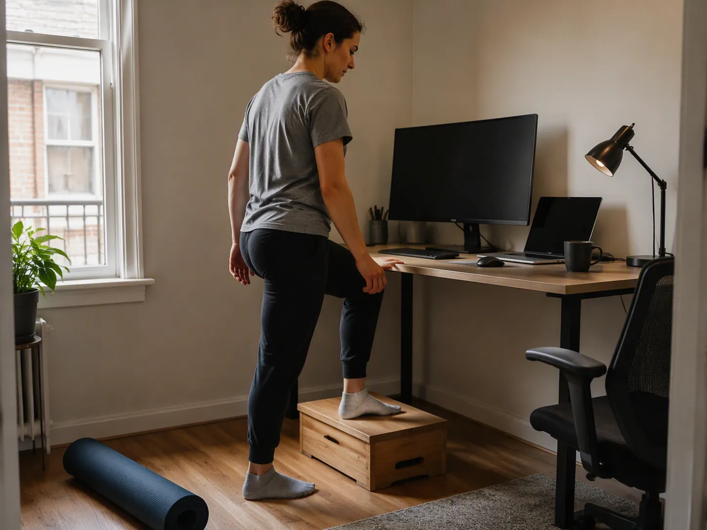 Person doing a quiet low-impact step-up beside a desk in a small home office