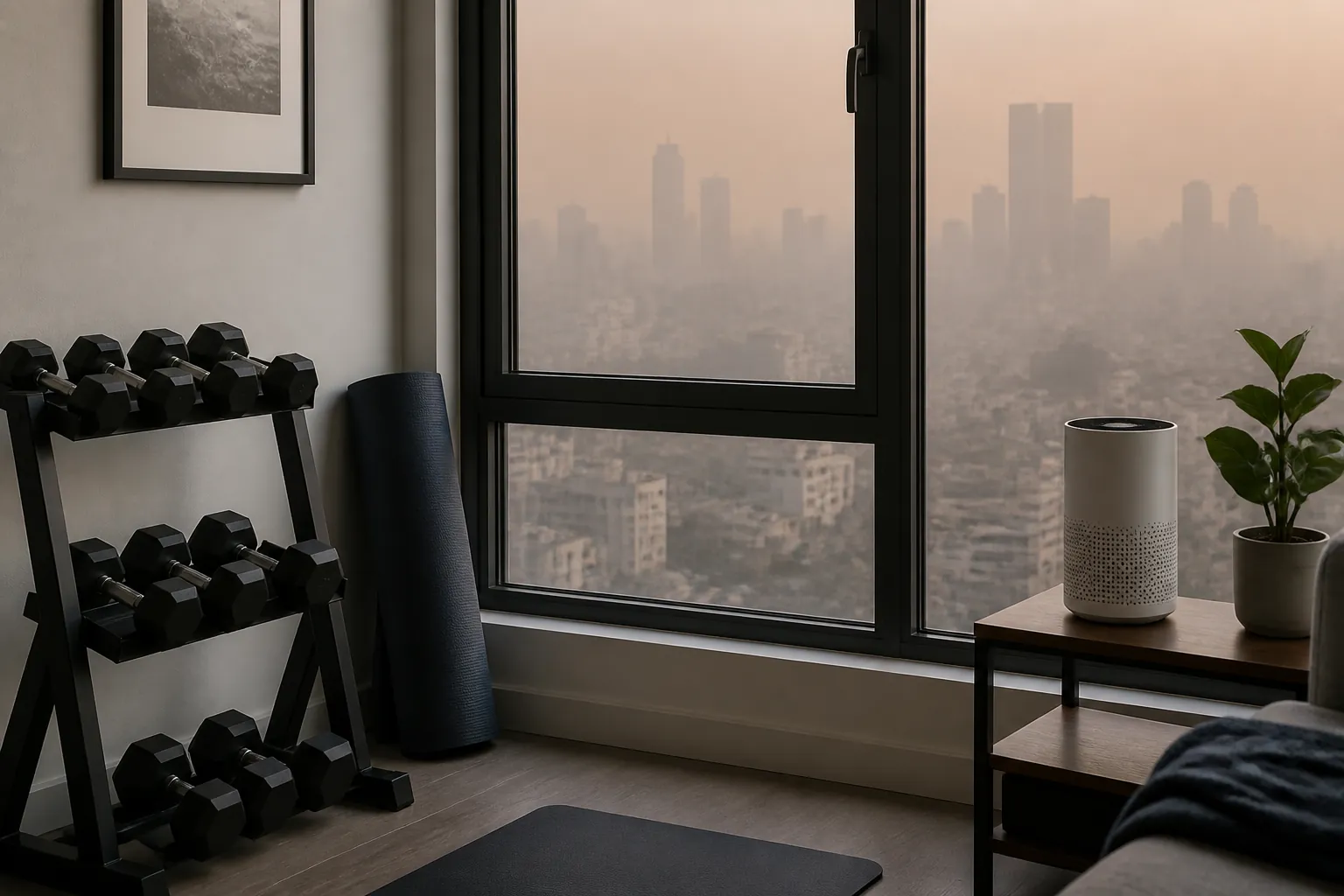 Compact apartment workout corner with dumbbells, yoga mat, air purifier, and a smoke-dimmed city view