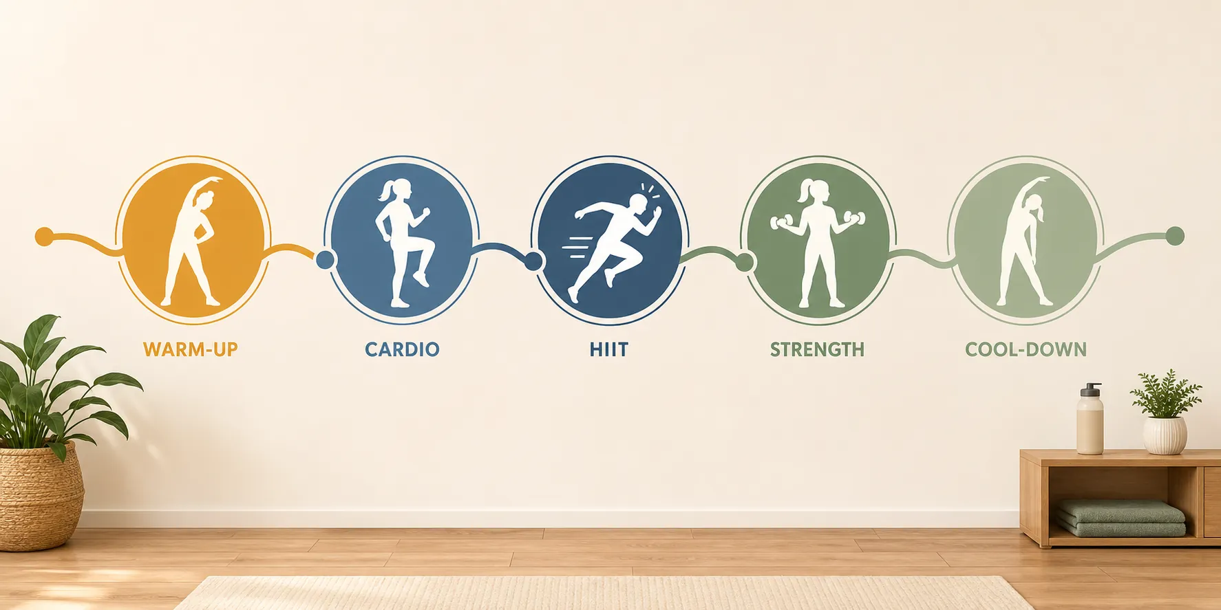 Timeline of a 30 to 45 minute home workout moving through warm-up, cardio, intervals, strength, and cool-down