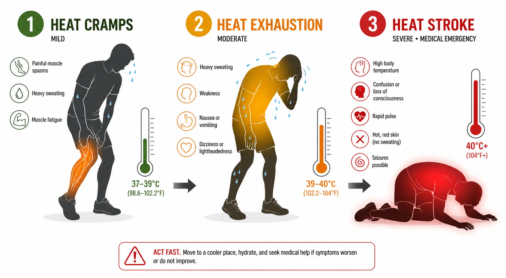 Medical-style illustration of heat cramps, heat exhaustion, and heat stroke progression during exercise