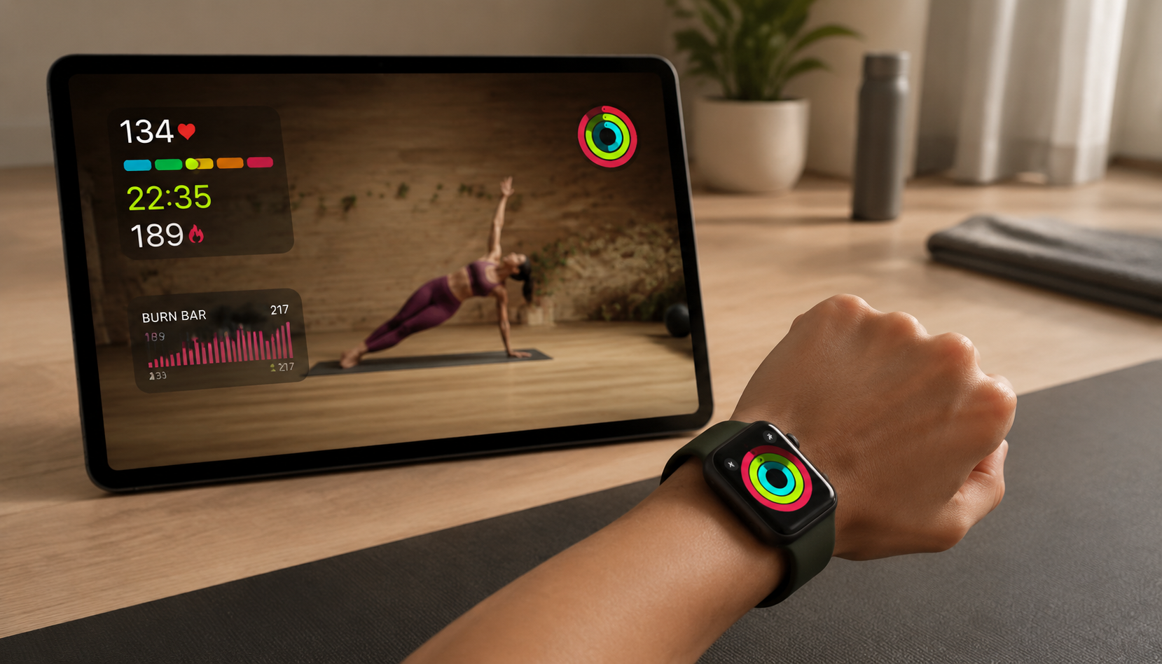 Apple Fitness Plus style workout screen with Apple Watch metrics, heart rate, Burn Bar, and Activity Rings