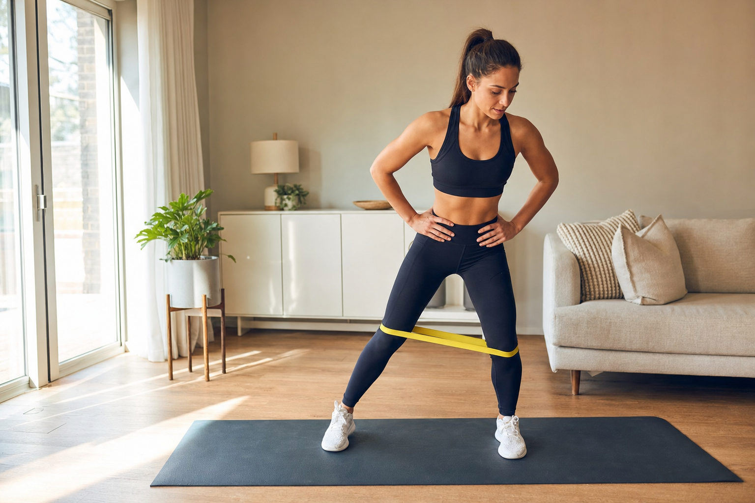 A person in athletic wear standing on a yoga mat performing a resistance band lateral walk, in a slight squat with the band around the ankles.