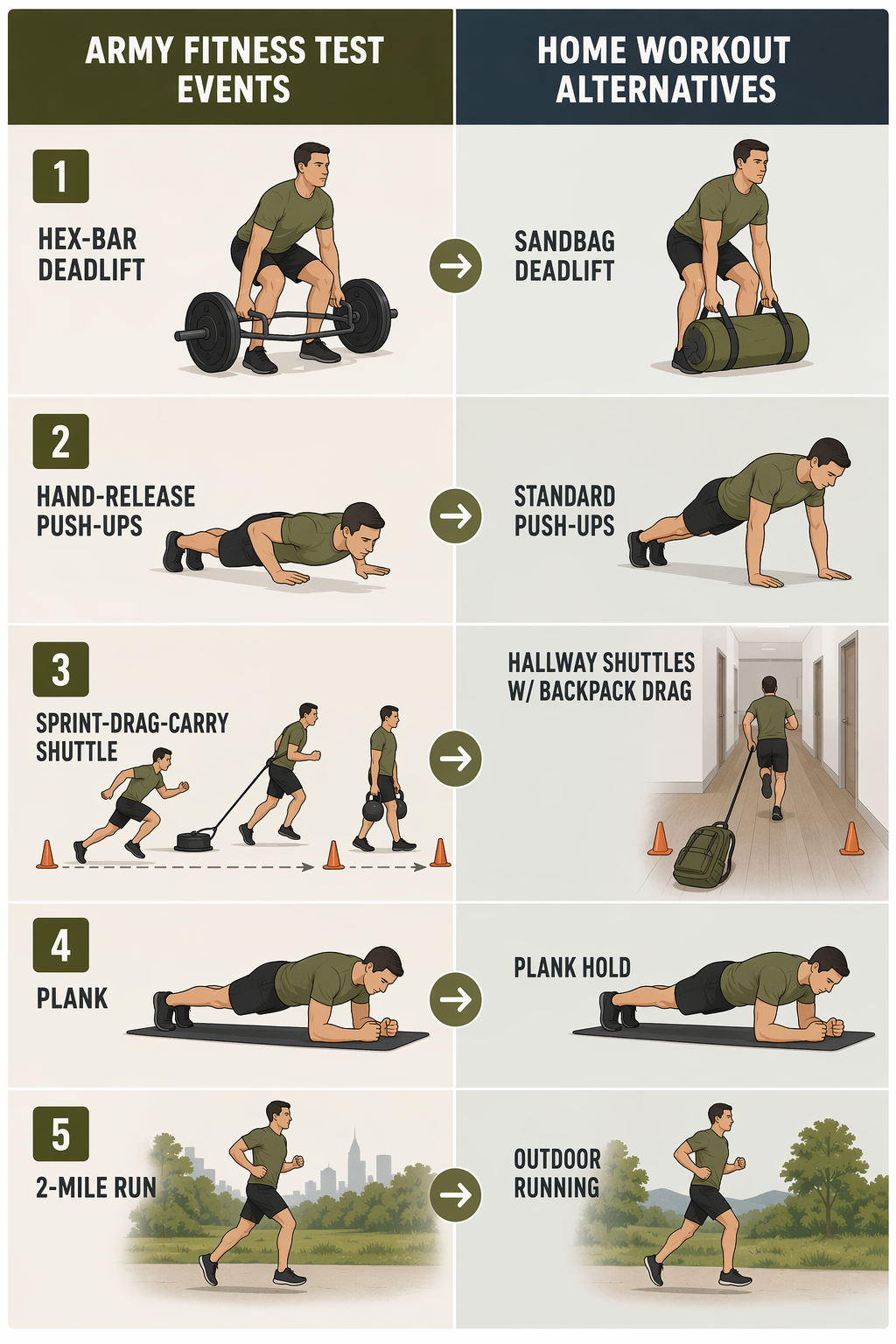 Comparison chart of Army Fitness Test events and home workout alternatives