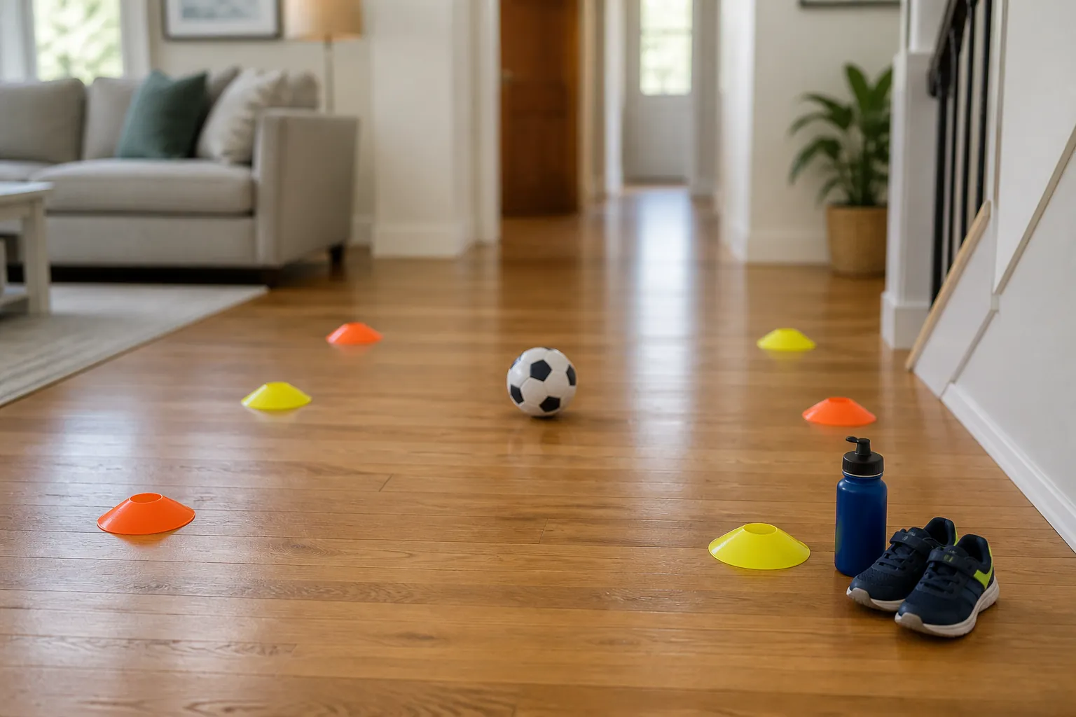 Flat disc markers and a soft indoor soccer ball set up on a wooden hallway floor