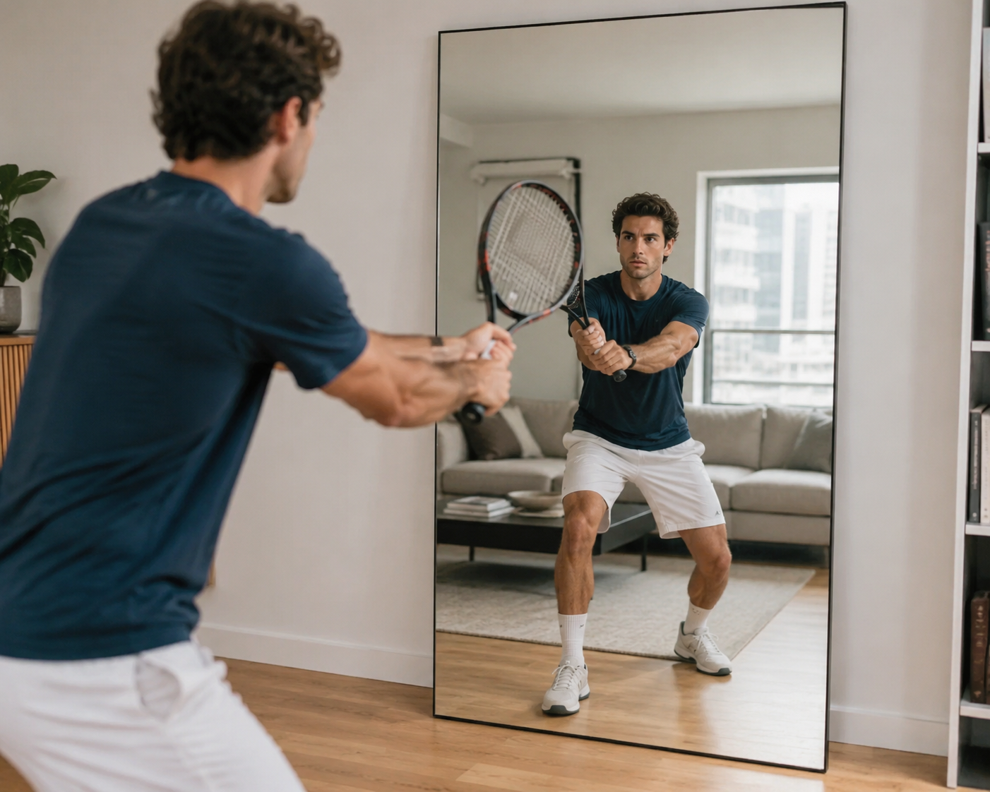 Person standing in front of a mirror holding a racquet in a compact forehand volley position