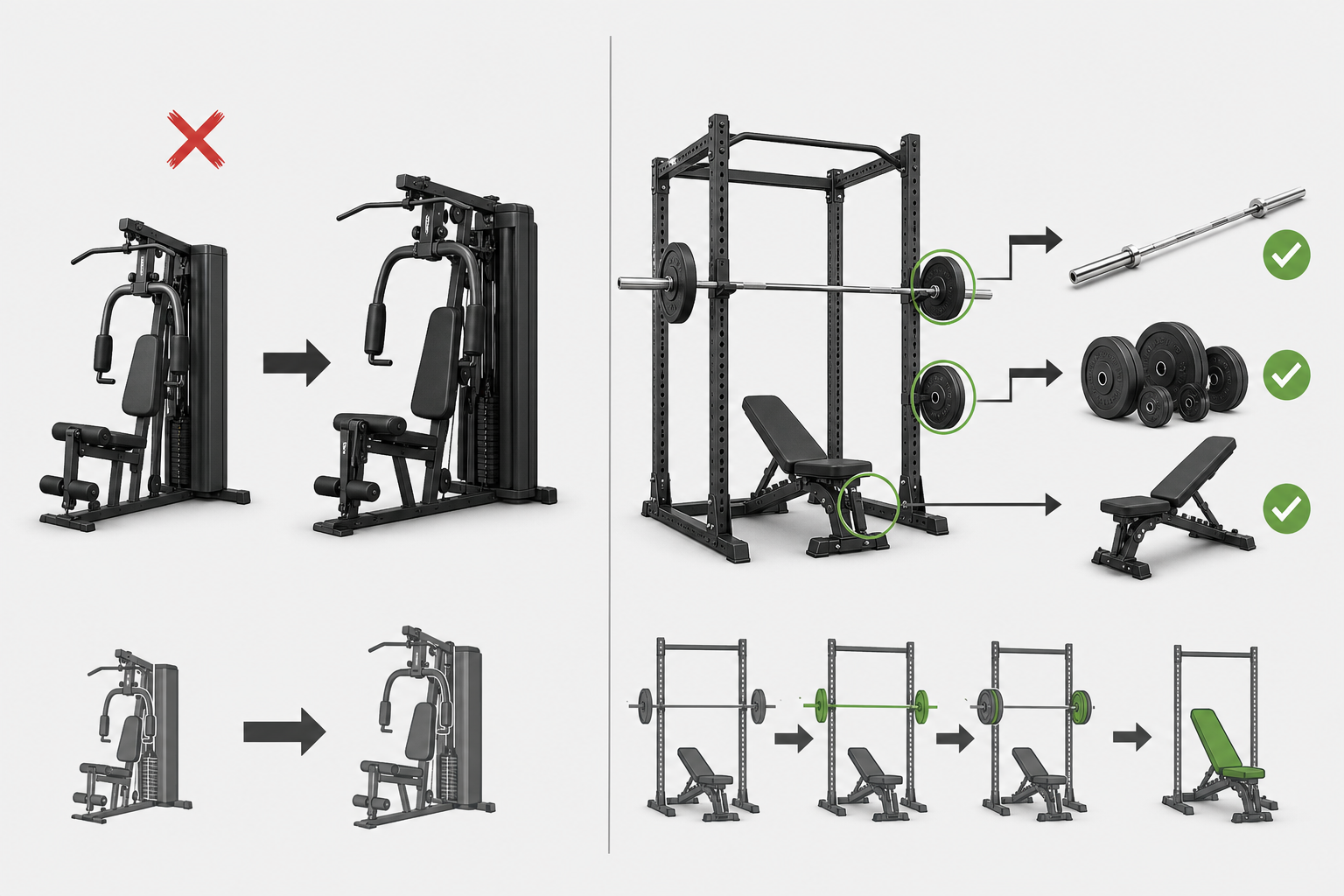 Side-by-side upgrade path comparison on a muted gray background: left panel shows one all-in-one machine with a red X and arrow pointing to a larger replacement machine representing full unit replacement; right panel shows a power rack with individual components highlighted, with arrows indicating separate upgrades for the barbell, weight plates, and bench.