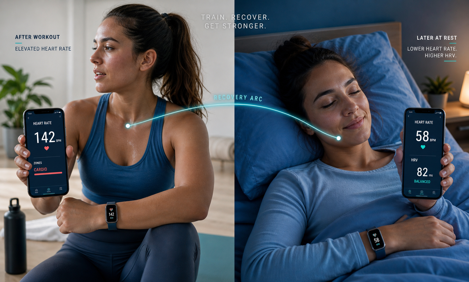 Split-composition scene showing a person finishing a workout with an elevated heart rate on a phone, and the same person at rest with a lower heart rate and HRV reading.