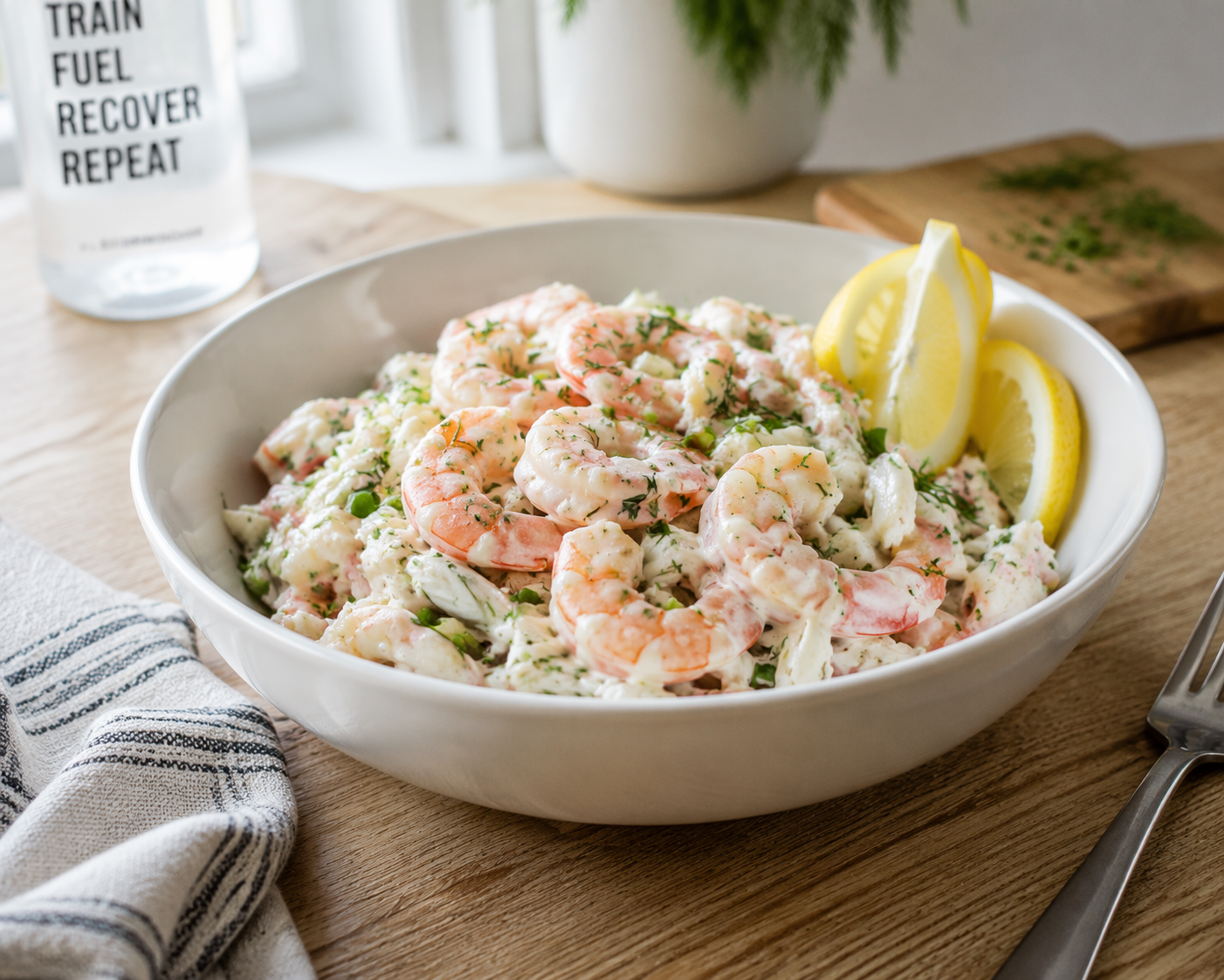 Shrimp and crab seafood salad with Greek yogurt dressing in a white bowl on a kitchen table.