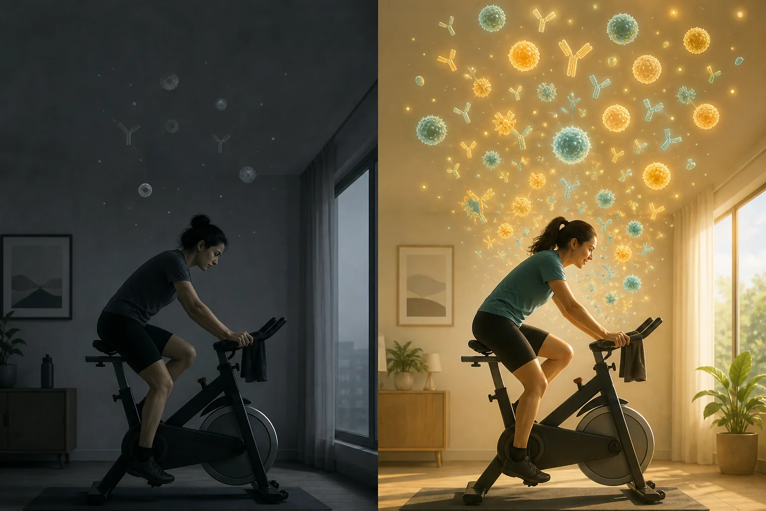 Illustration comparing a shorter indoor cycling session with a longer post-vaccine ride