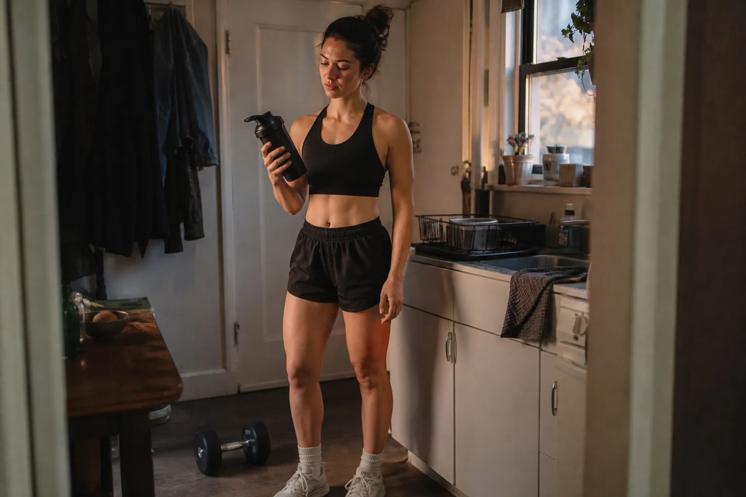 Woman in a compact apartment kitchen holding a shaker bottle after a home workout