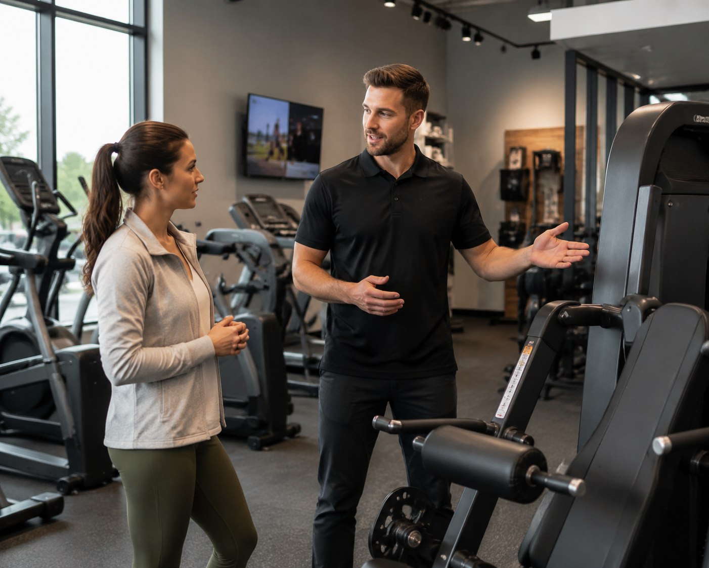 A customer and showroom staff member discussing exercise equipment