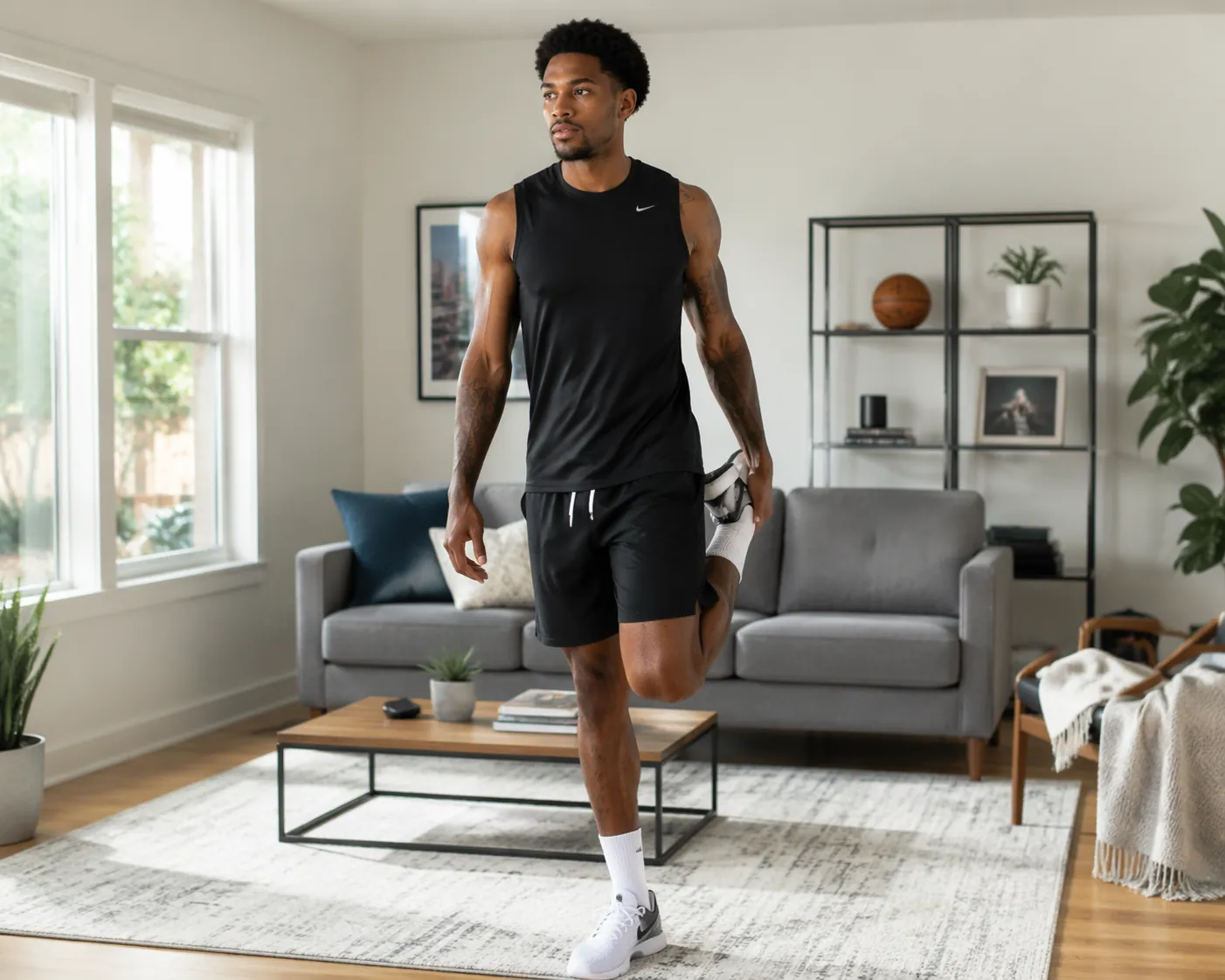 Basketball player performing a standing quad stretch in a living room