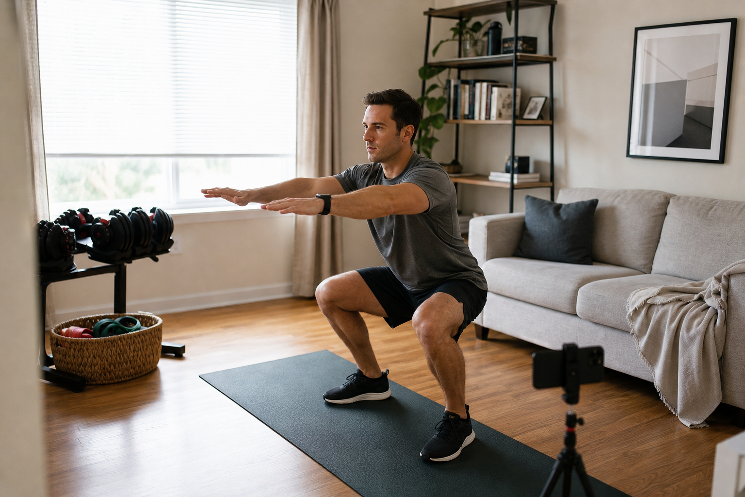 A living room corner with a dark green yoga mat, adjustable dumbbells on a stand, resistance bands in a basket, and a smartphone on a tripod. A person in casual athletic wear squats beside the mat, natural light from a window.