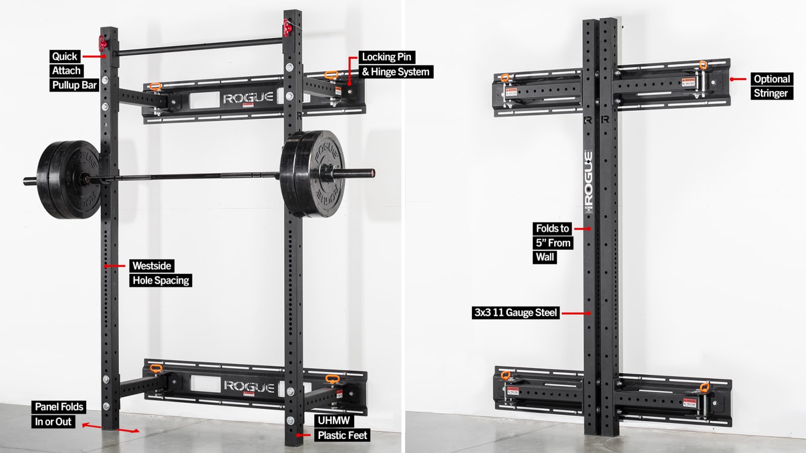 A Rogue RML-3W Fold Back Wall Mount Rack installed in a garage, shown in its extended position with a barbell loaded on J-hooks, safety arms in place, pull-up bar at the top, and wall-mounted brackets securing the rack, demonstrating the space-saving folding rack design against a wall.