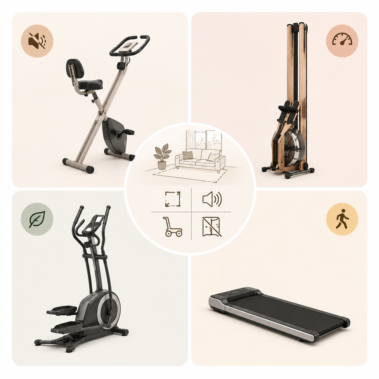 Comparison grid of folding bike, vertical rower, compact elliptical, and under-desk treadmill