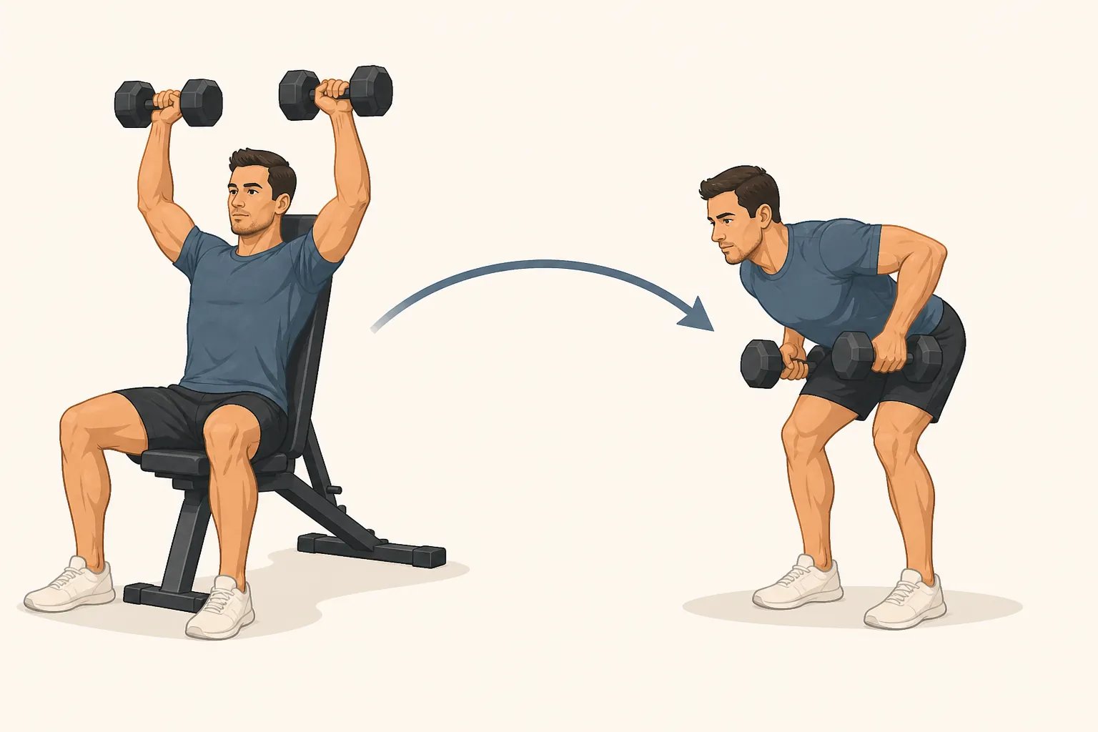 Illustration of a seated dumbbell shoulder press paired with a bent-over dumbbell row as a superset