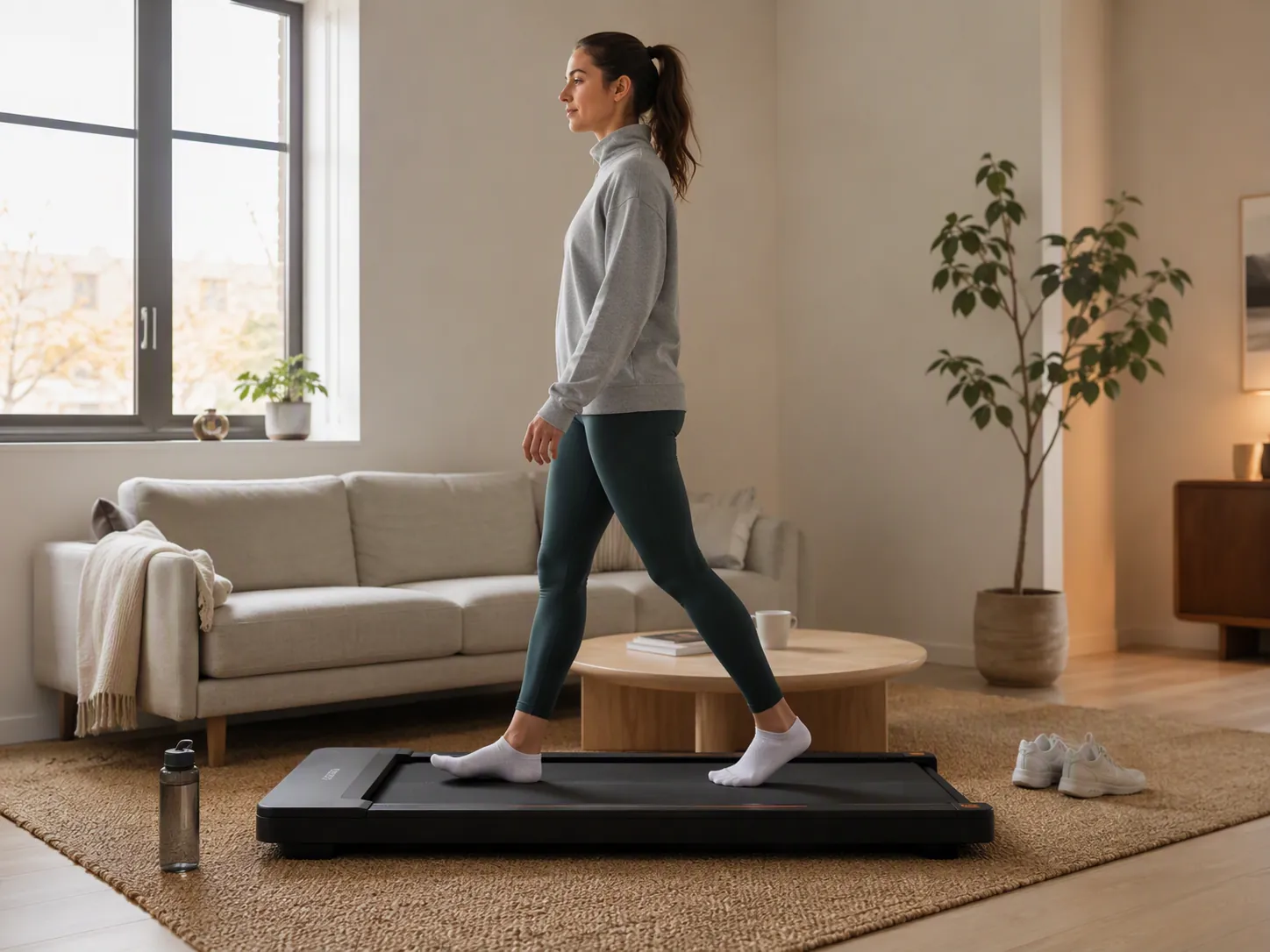 Person walking on a compact walking pad in a bright living room