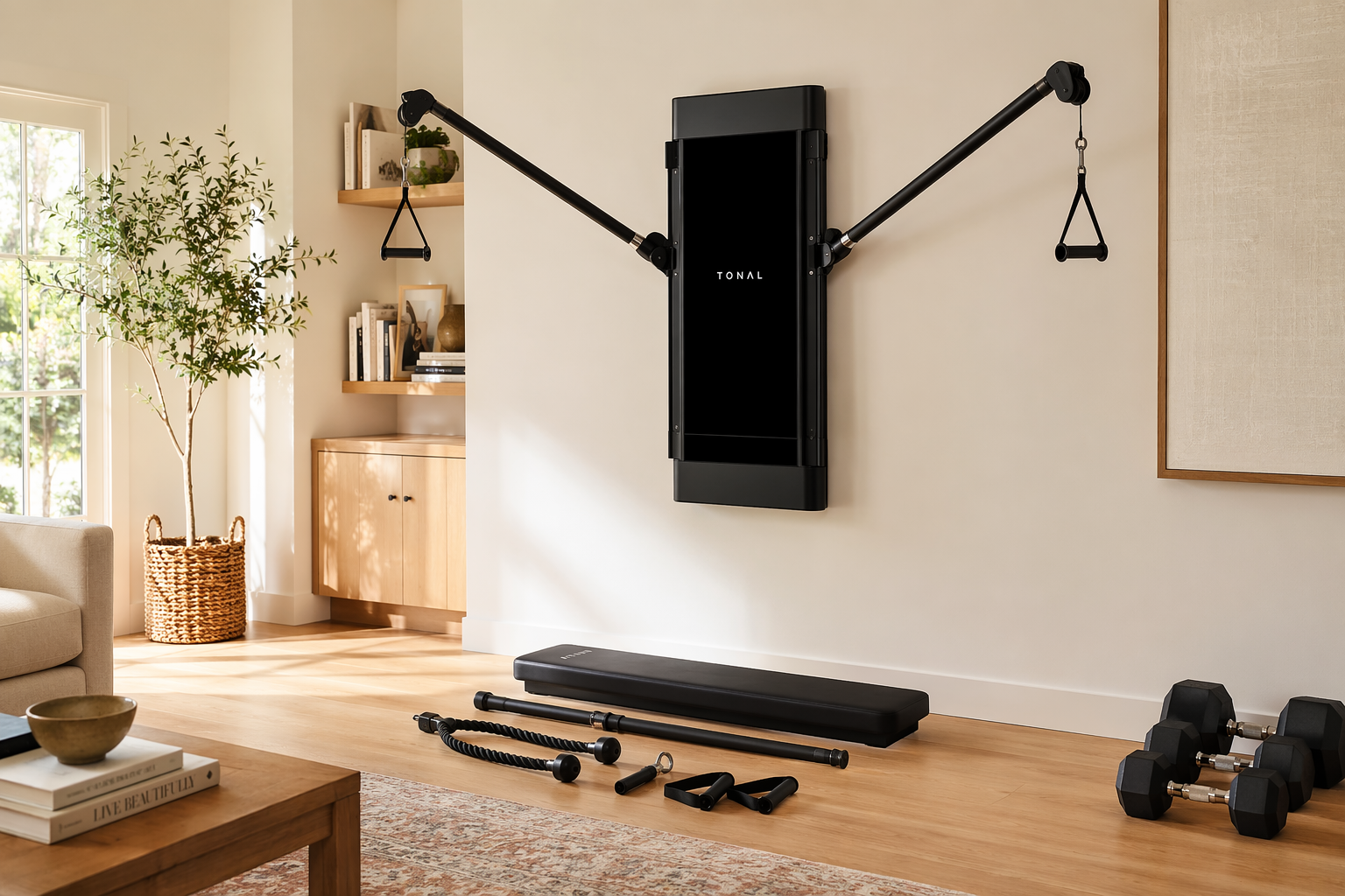 A bright, modern living room with a Tonal 2 wall-mounted unit, its two arms extended, and accessories (handles, bar, rope, padded bench) arranged neatly on the floor. A set of traditional dumbbells sits in one corner as a subtle contrast.