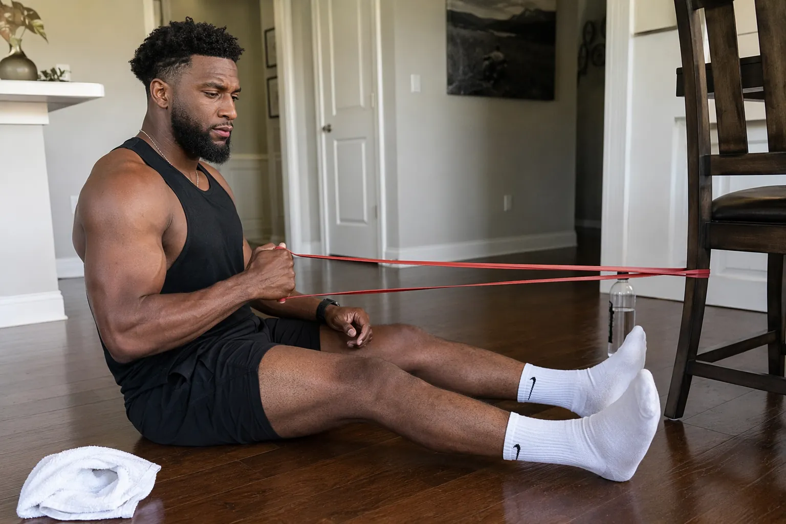 Athlete doing a resistance band external rotation exercise at home with the band anchored to a chair leg