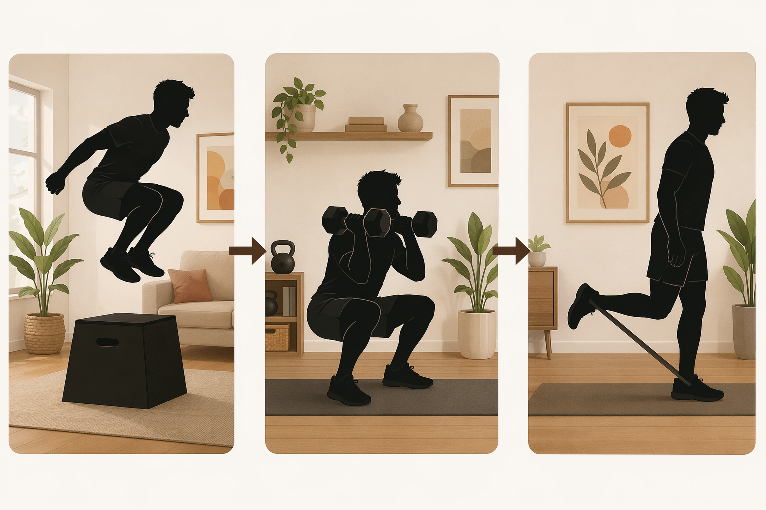 Three-panel flow illustration showing an explosive jump squat, a weighted squat, and a single-leg lunge connected by arrows.