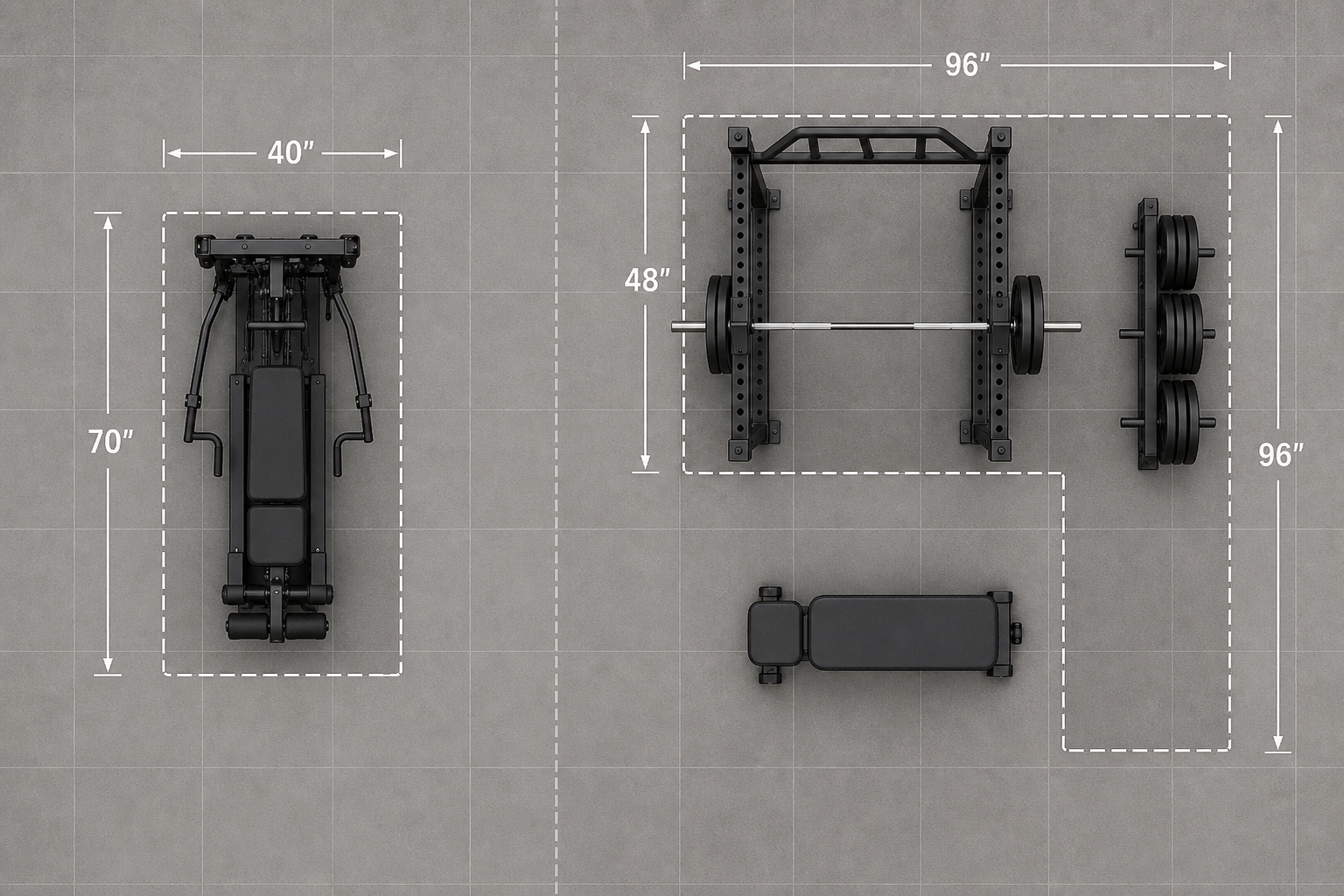 Top-down floor plan comparison showing the compact rectangular footprint of an all-in-one machine against the larger multi-rectangle layout of a power rack, barbell, plate storage, and bench