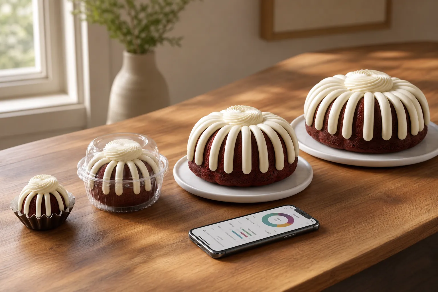 Nothing Bundt Cakes products in Bundtini, Bundtlet, 8-inch cake, and 10-inch cake sizes beside a fitness tracking app