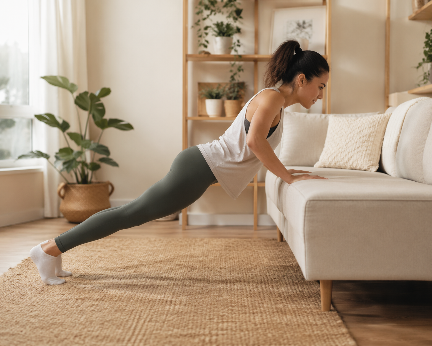 Person performing incline push-ups against a sofa in a living room